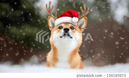 柴犬戴著聖誕帽，長著馴鹿角，在雪地裡抬頭仰望 130185073
