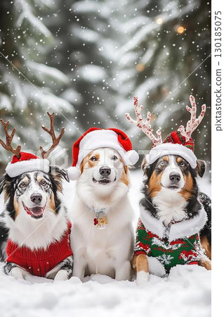戴著聖誕帽和毛衣的狗狗們在雪地裡合影 130185075