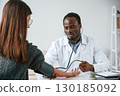 Customer service. A doctor measures a young woman's blood pressure 130185092