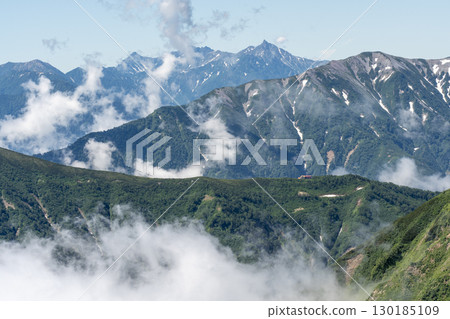 夏季北阿爾卑斯山脈、藍天和雲彩 130185109
