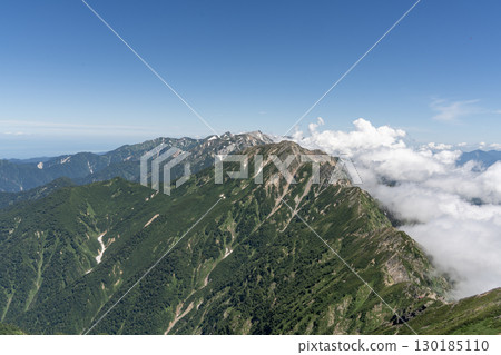 夏季北阿爾卑斯山脈、藍天和雲彩 130185110