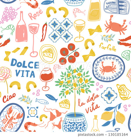 La Dolce Vita seamless pattern. Vector Mediterranean summer food, sardines, picnic, lobster. Italian vacation print 130185164