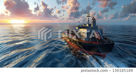 Cargo ship sailing in the sea at sunset. Large cargo ship sailing in the sea - Ai Generated 130185189