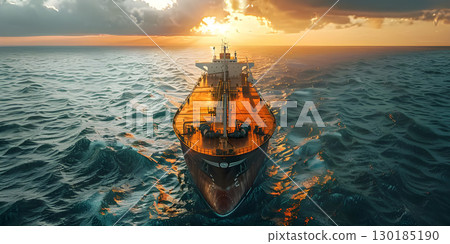Cargo ship sailing in the sea at sunset. Large cargo ship sailing in the sea - Ai Generated 130185190