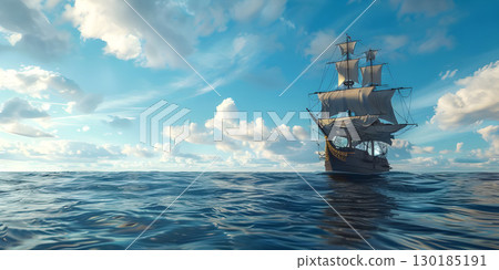 Cargo ship sailing in the sea at sunset. Large cargo ship sailing in the sea - Ai Generated 130185191