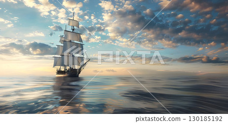 Cargo ship sailing in the sea at sunset. Large cargo ship sailing in the sea - Ai Generated 130185192
