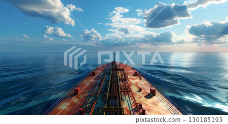 Cargo ship sailing in the sea at sunset. Large cargo ship sailing in the sea - Ai Generated 130185193