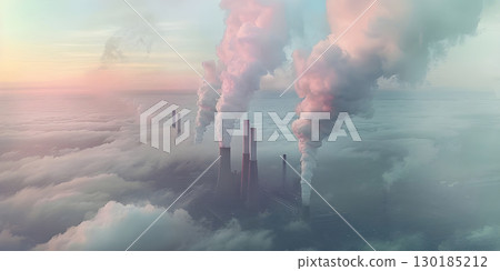 Cooling towers of nuclear power plant at sunset. Energy industry, smoking chimneys - Ai Generated 130185212