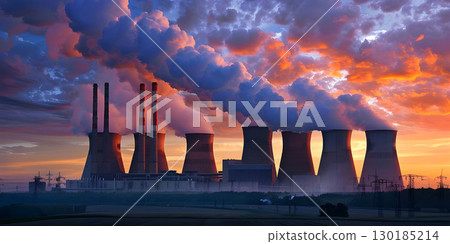 Cooling towers of nuclear power plant at sunset. Energy industry, smoking chimneys - Ai Generated 130185214