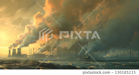 Cooling towers of nuclear power plant at sunset. Energy industry, smoking chimneys - Ai Generated 130185215