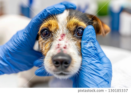 A medical scene of a dog being examined for skin problems 130185337