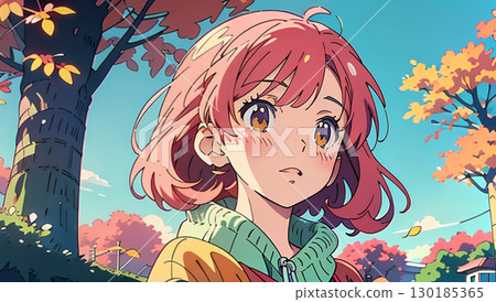 Little girl eating sweets in autumn park 130185365