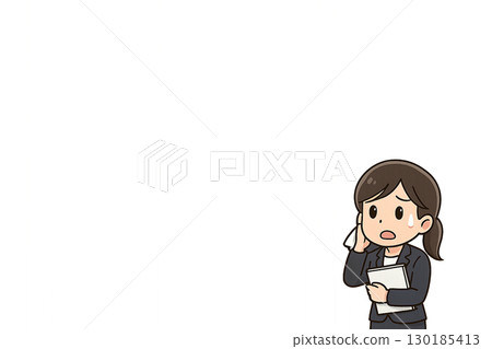 Illustration of a female business person wiping away sweat in a panic just before a presentation 130185413