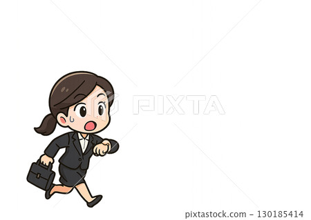 Illustration of a female business person who panics after realizing she is late 130185414