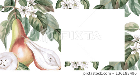 Rectangular frame on the theme of pear harvest. Isolated watercolor illustration of fruits for product line design, kitchenware design, seasonal menu, postcards, textiles, clothing printing. Rectangular frame on the theme of pear harvest. Isolated watercolor illustration of fruits for product line design, kitchenware design, seasonal menu, postcards, textiles, clothing printing. 130185496