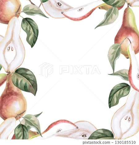 Square frame with pear slices. Isolated watercolor fruit illustration for product line design, kitchenware design, seasonal menu, cards, textiles, clothing printing. 130185510