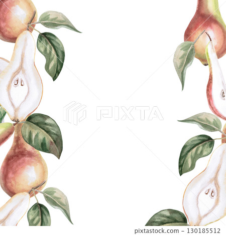 Square frame with different parts of pear. Isolated watercolor fruit illustration for product line design, kitchenware design, seasonal menu, cards, textiles, clothing printing. 130185512