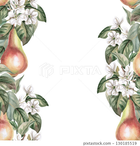 Square frame with flowering branches and pear fruits. Isolated watercolor illustration of fruits for product line design, kitchenware design, seasonal menu, postcards, textiles, clothing printing. Square frame with flowering branches and pear fruits. Isolated watercolor illustration of fruits for product line design, kitchenware design, seasonal menu, postcards, textiles, clothing printing. 130185519