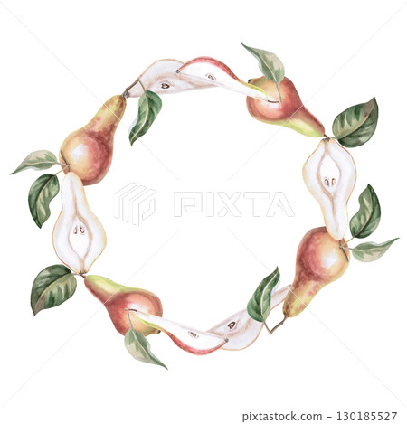 Round frame with whole fruits and parts of pear. Isolated watercolor illustration of fruits for product line design, kitchenware design, seasonal menu, cards, textiles, clothing printing. 130185527