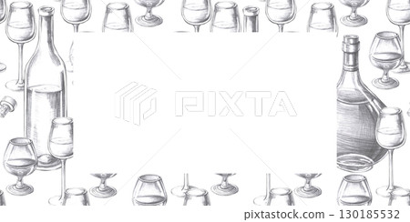 Rectangular frame with cognac glasses, goblets and wine bottles. Isolated pencil illustration is hand drawn for bar and restaurant menu design, interior design, postcards. 130185532