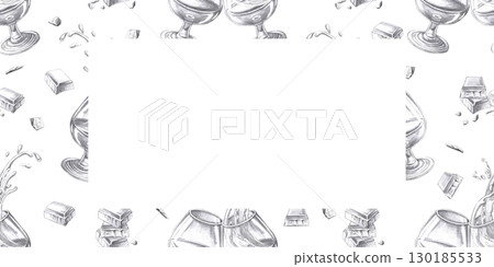 Rectangular frame with glasses of cognac and pieces of chocolate. Isolated pencil illustration is hand drawn for design of bar and restaurant menus, interior design, postcards. 130185533