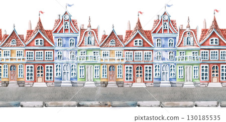 Seamless border with city houses. Watercolor illustration on the theme of the city for interior design of children's rooms, printing on stationery, packaging, fabric, posters. 130185535