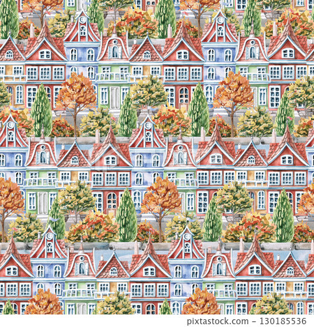 Seamless pattern with city streets and autumn trees. Watercolor illustration on the theme of the city for interior design of children's rooms, printing on stationery, packaging, fabric, posters. 130185536
