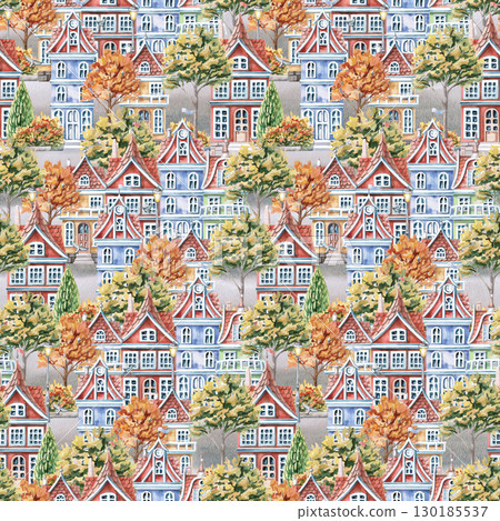 Seamless pattern with city houses and autumn trees. Watercolor illustration on the theme of the city for interior design of children's rooms, printing on stationery, packaging, fabric, posters. 130185537