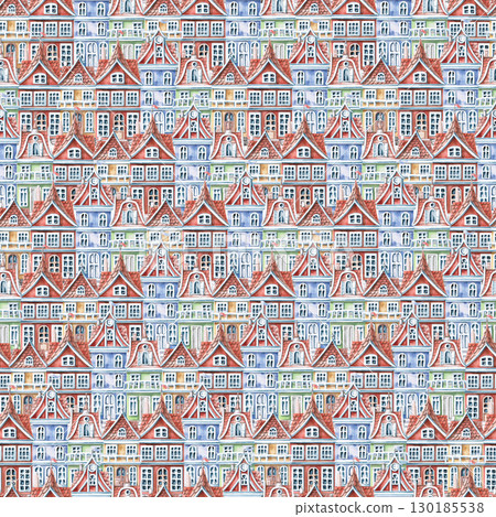 Seamless pattern with colorful city houses. Watercolor illustration on the theme of the city for interior design of children's rooms, printing on stationery, packaging, fabric, posters. Seamless pattern with colorful city houses. Watercolor illustration on the theme of the city for interior design of children's rooms, printing on stationery, packaging, fabric, posters. 130185538