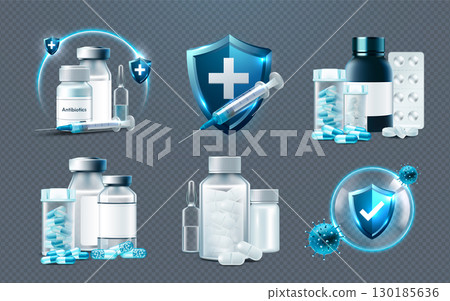 Realistic Medication and Treatment Elements on Transparent Background 130185636