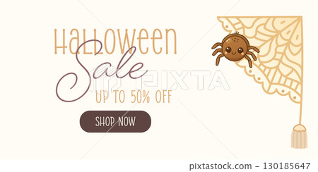 Horizontal Halloween sale banner with cute spider boho Horizontal Halloween sale banner with cute spider boho 130185647