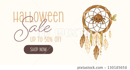 Boho Halloween sale banner with spider dreamcatcher design 130185658