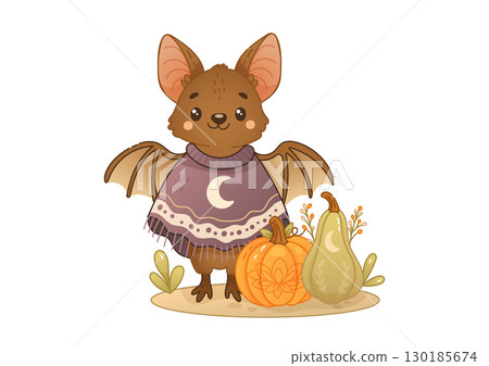 Boho Halloween bat with pumpkin and gourd Boho Halloween bat with pumpkin and gourd 130185674