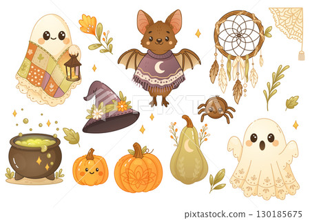 Boho Halloween clipart set with bat, ghosts, pumpkins, more Boho Halloween clipart set with bat, ghosts, pumpkins, more 130185675