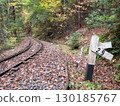Railway grade marker passing through autumn forest 130185767