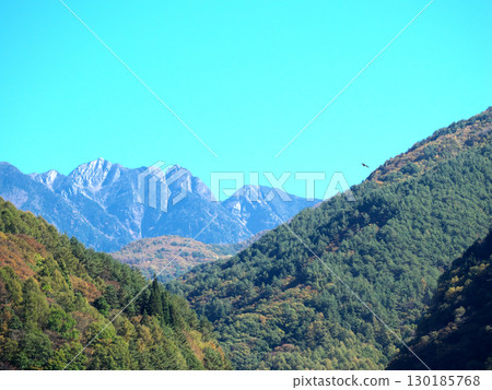Autumn mountain ranges seen from the mountains covered in autumn leaves 130185768