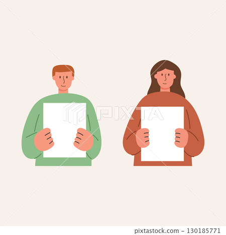 Flat cartoon character set of a man and woman holding blank paper. Illustration concept for presentation, message, or communication. 130185771