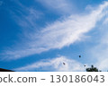 Landscape: A background of blue sky with blurred particles of clouds or other components in the upper atmosphere flowing in the wind. Displacement, the passage of time, abstract manifestations 130186043