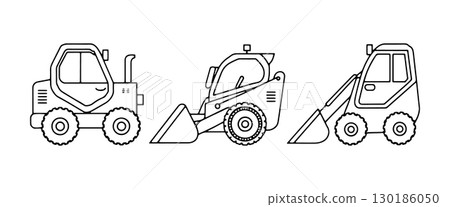 Heavy construction equipment lined up for work at a construction site during daylight hours 130186050