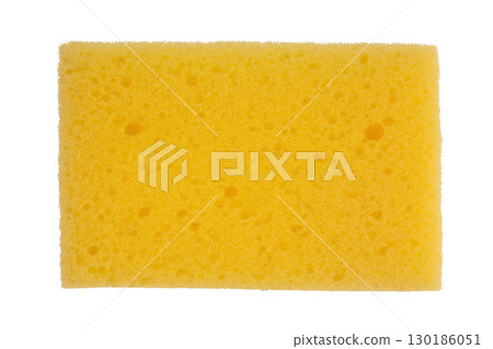 Yellow, Orange Close-Up Dishwashing Sponge With Spongy Surface Isolated On Transparent White Background, Artwork Blank, Top View. Yellow, Orange Close-Up Dishwashing Sponge With Spongy Surface Isolated On Transparent White Background, Artwork Blank, Top View. 130186051