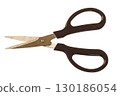 Household scissors with black plastic handles isolated on transparent, white background, close-up, top view. Blank form for artworks. Stationery Tools. 130186054