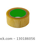 Roll of transparent adhesive tape tape yellow tint on isolated transparent white background, insulated inside of bobbin in green color to add advertising lettering, branding. Blank for advertising. 130186056