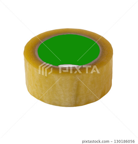Roll of transparent adhesive tape tape yellow tint on isolated transparent white background, insulated inside of bobbin in green color to add advertising lettering, branding. Blank for advertising. 130186056