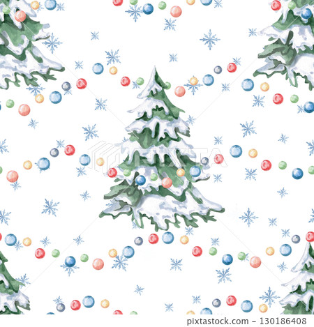 Seamless pattern with Christmas trees, snowflakes and garlands. New Year's watercolor illustration for decorating holiday packaging, interiors, printing on fabric, invitations Seamless pattern with Christmas trees, snowflakes and garlands. New Year's watercolor illustration for decorating holiday packaging, interiors, printing on fabric, invitations 130186408