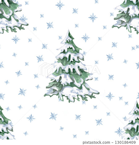 Seamless pattern with Christmas trees on snowflakes background. Watercolor illustration on Christmas theme for holiday packaging, interiors, printing on fabric, posters, invitations. 130186409