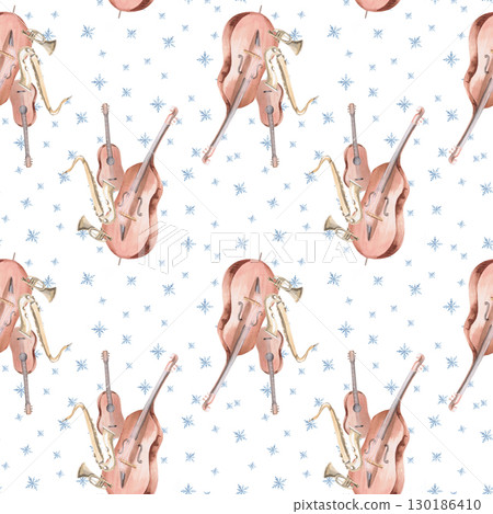 Seamless pattern with a quartet of musical instruments on a snowflake background. Watercolor illustration on the theme of music at Christmas for the design of holiday packaging, interiors. 130186410