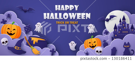 Happy Halloween banner design. Paper art style 130186411