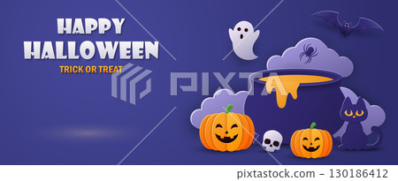Happy Halloween banner with cute pumpkins, ghosts, bats and cauldron. Paper cut style 130186412