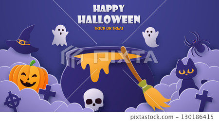 Halloween background with cauldron, ghost, pumpkin and bats. Paper cut style 130186415
