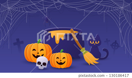 Halloween background with pumpkins, cauldron and spider web 130186417
